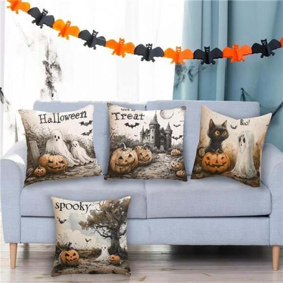 Halloween Pillow Covers 18x18 Set of 4 Trick or Treat Pumpkin Ghost Sofa Decor - Picture 4 of 7